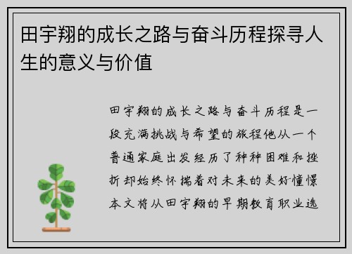 田宇翔的成长之路与奋斗历程探寻人生的意义与价值